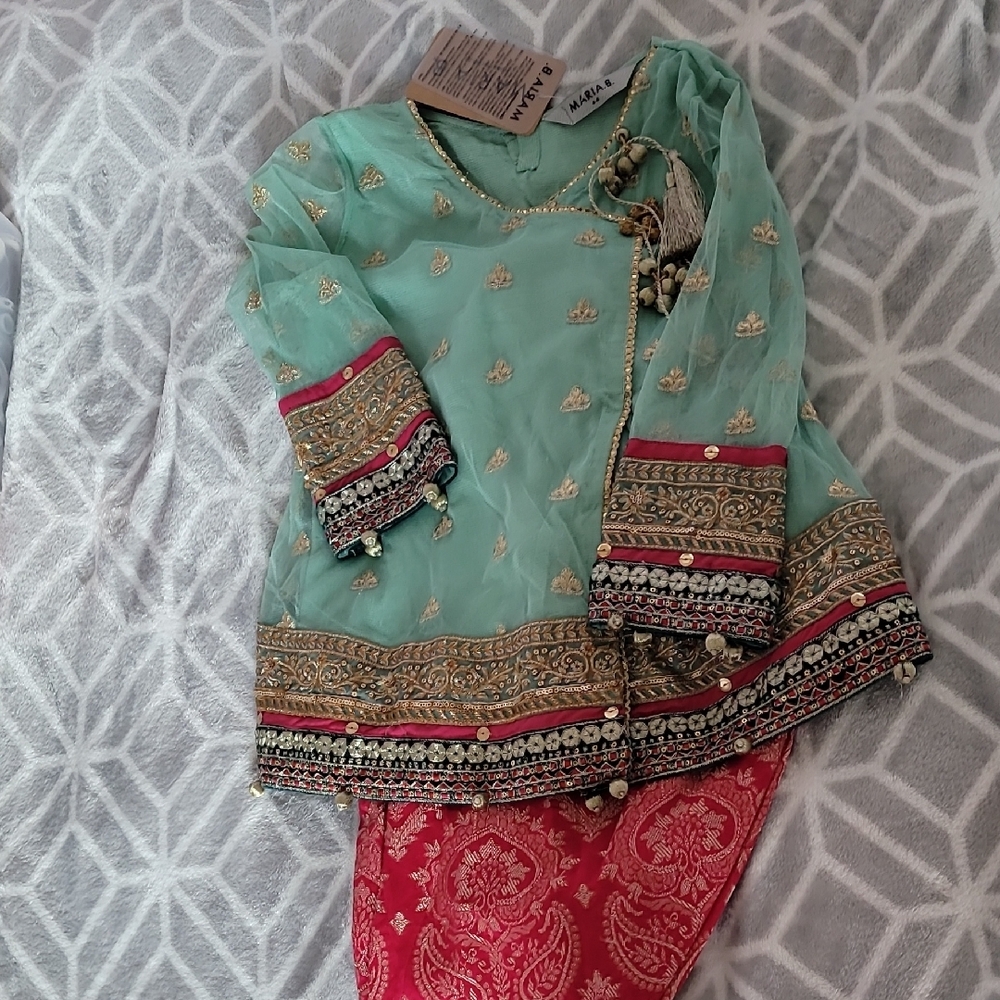 Elegant Green and Pink Embroidered Outfit